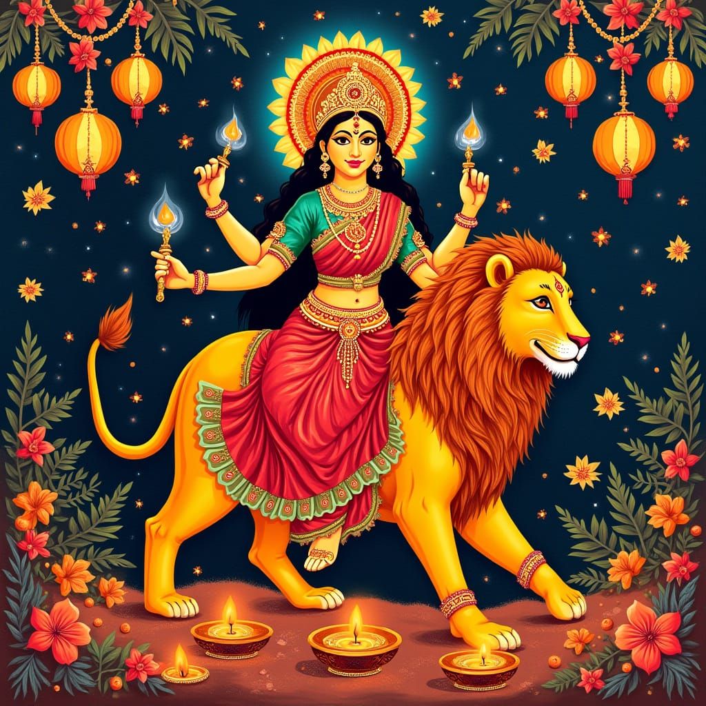 Majestic Durga Maa in Indian Folk Art Style