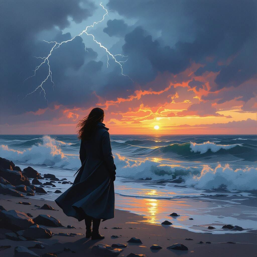 Standing on a beach,  A stormy sky, at sunset