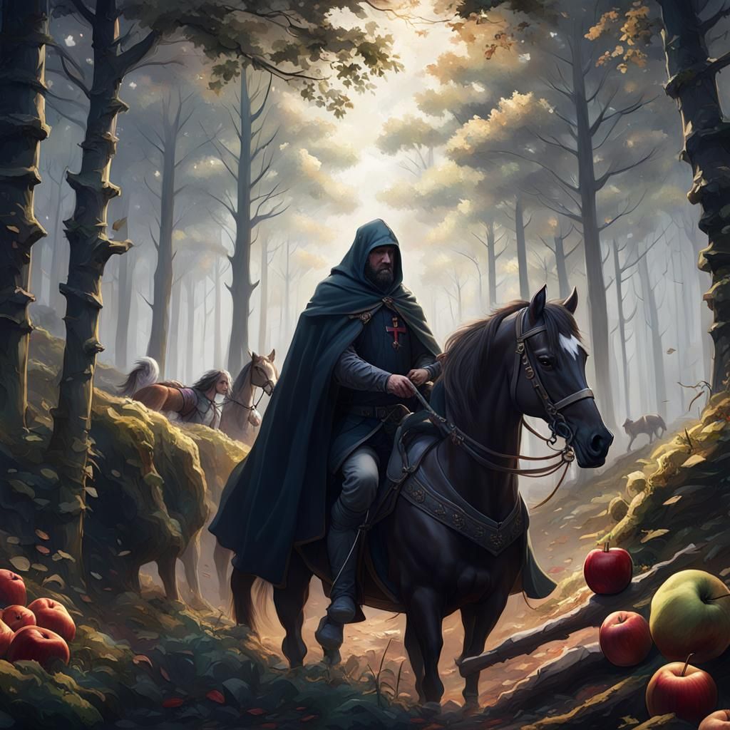 Man and Horse in Forest, Dark Fantasy Art