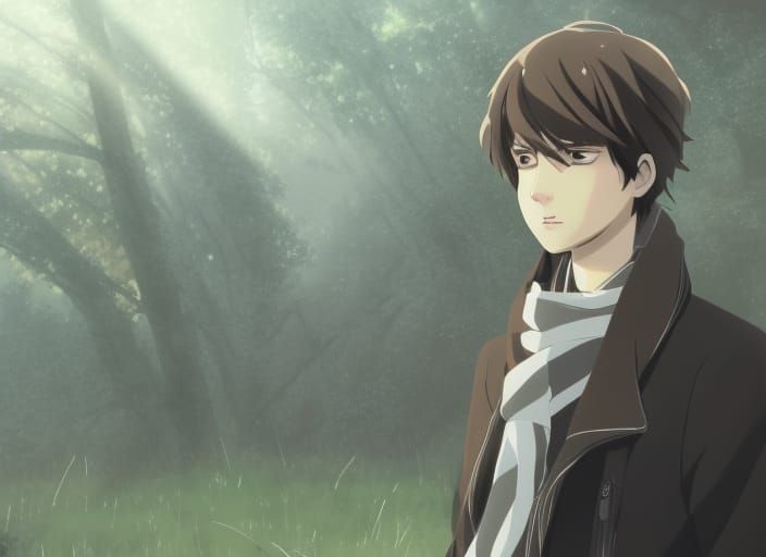 Anime Boy with Striped Scarf, Makoto Shinkai Style
