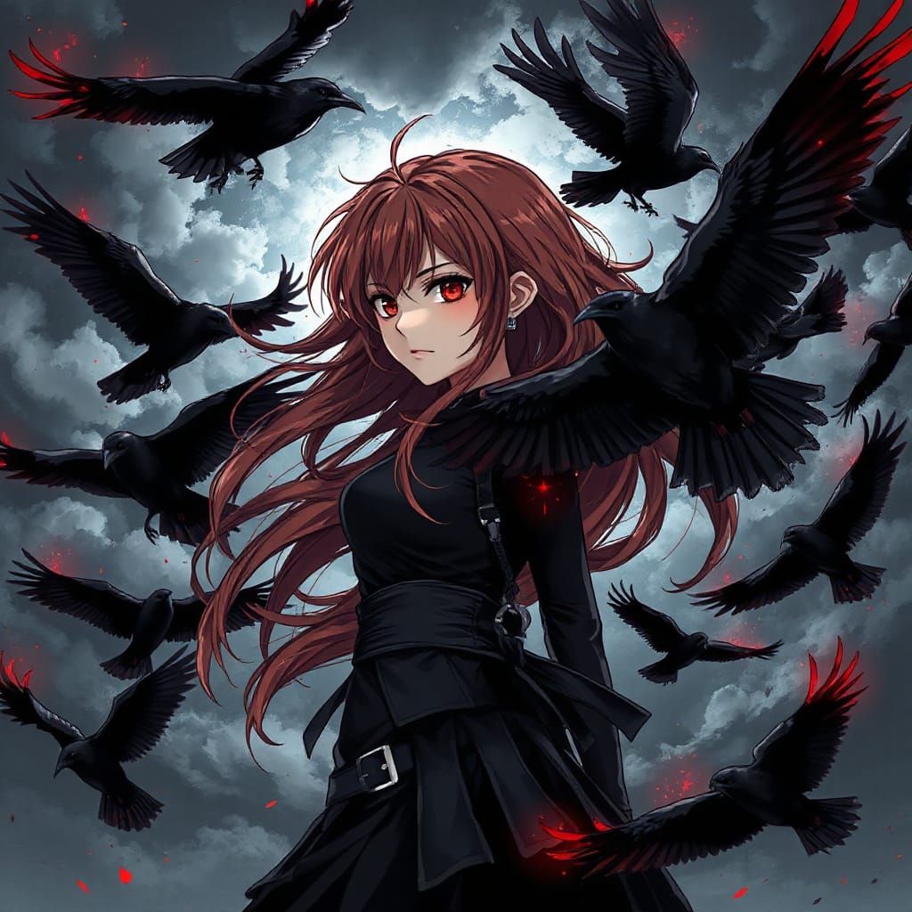 Dynamic Woman with Crows in Anime Style