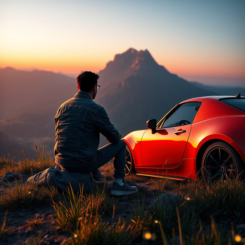 Man and Mazda Miata at Twilight, in Anime Style