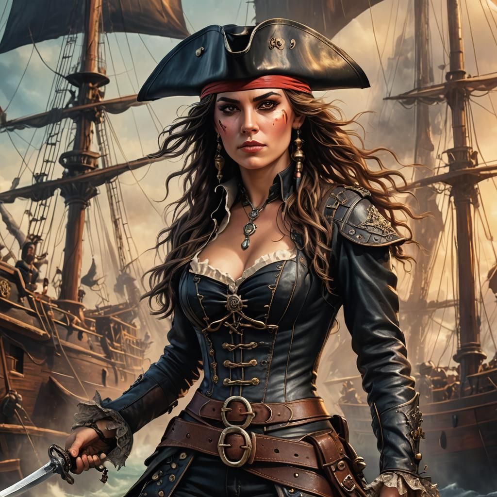 Fearless Female Pirate Portrait in Hyperrealistic Style