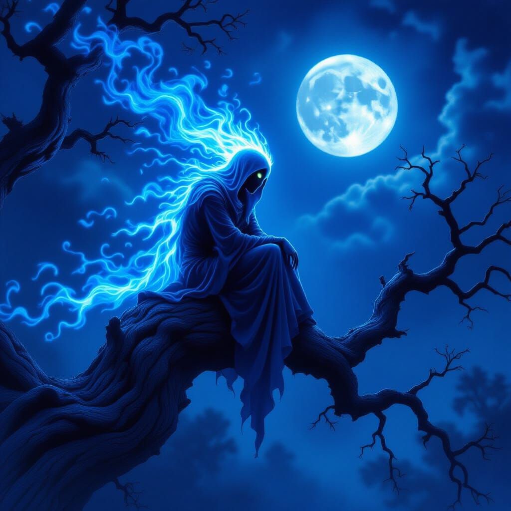 Spectral Phenox With Blue Fire on Moonlit Tree Branch