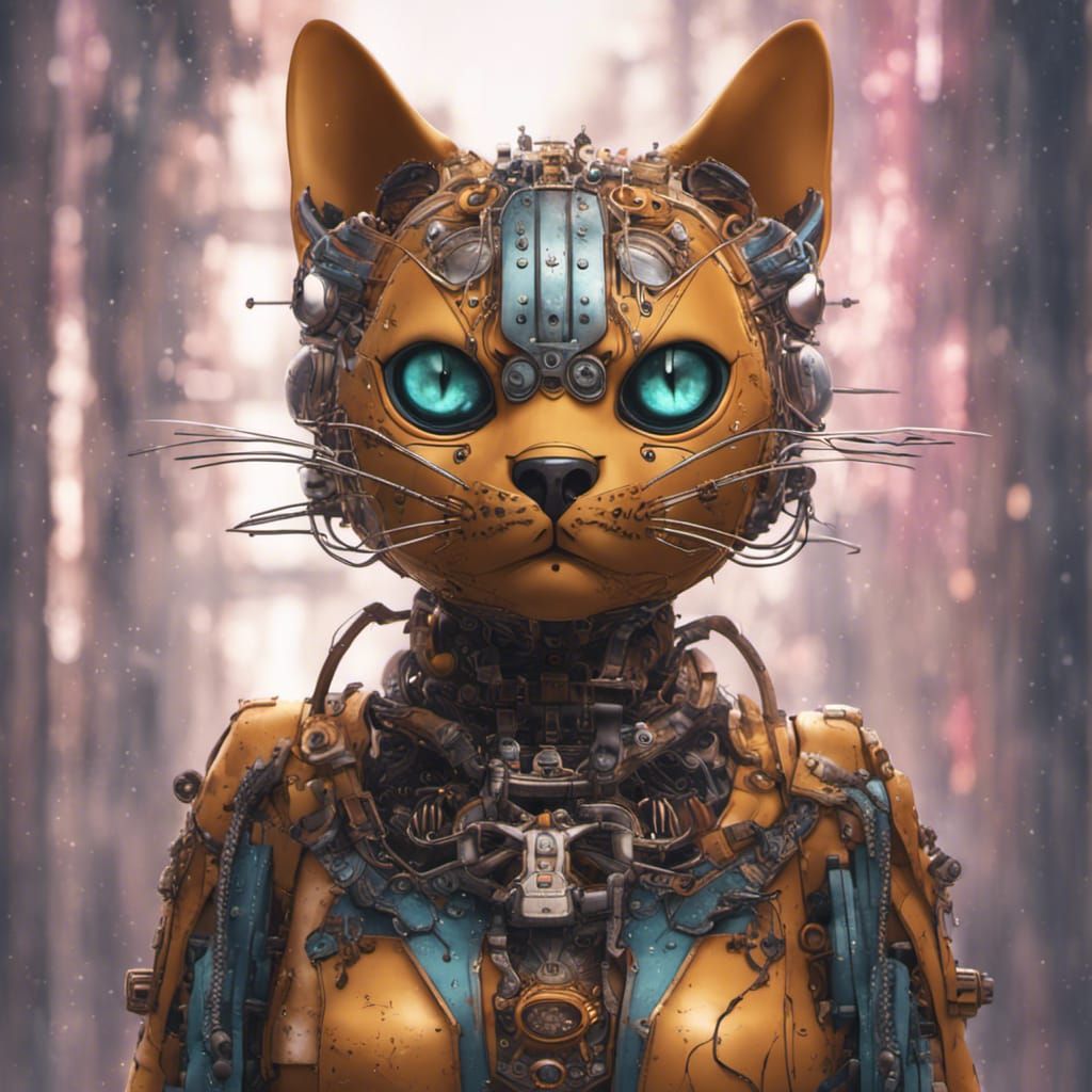 Robotic Cartoon Cat-Cyborg in Weirdcore Style