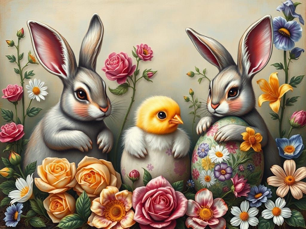 Whimsical Renaissance Easter Scene with Bunnies