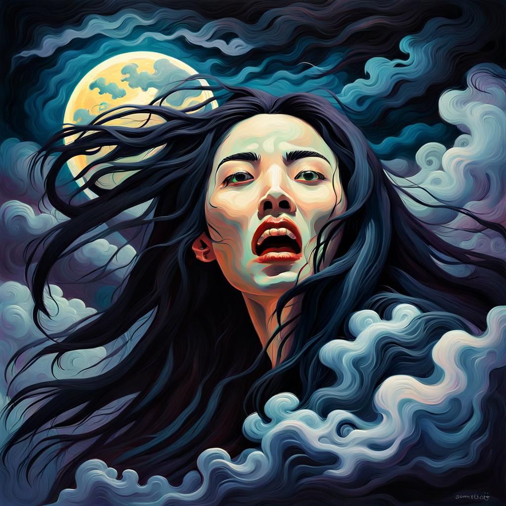 Asian Vampire Head in Fauvist Dreamscape
