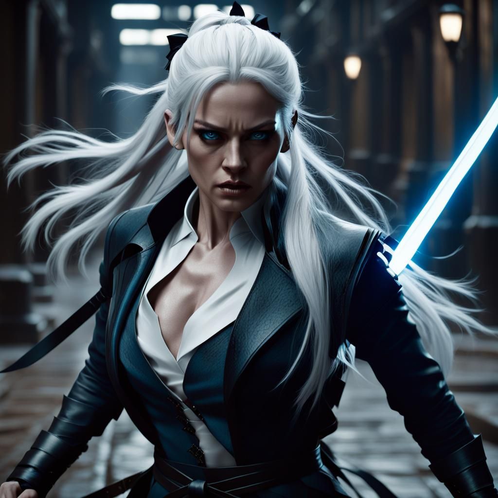 Action Heroine with Sword in High-Contrast Lighting