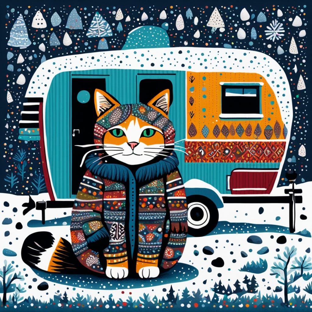 Winter Wonderland Cat in Aboriginal Dot Painting