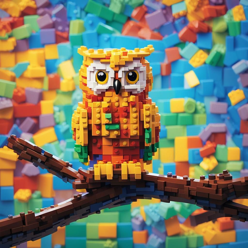 LEGO Owl on Branch in Impressionist Style