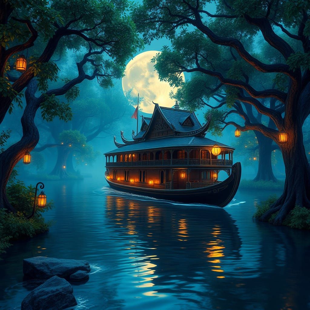 Enchanted Moonlit Houseboat Voyage Along Serene Canal