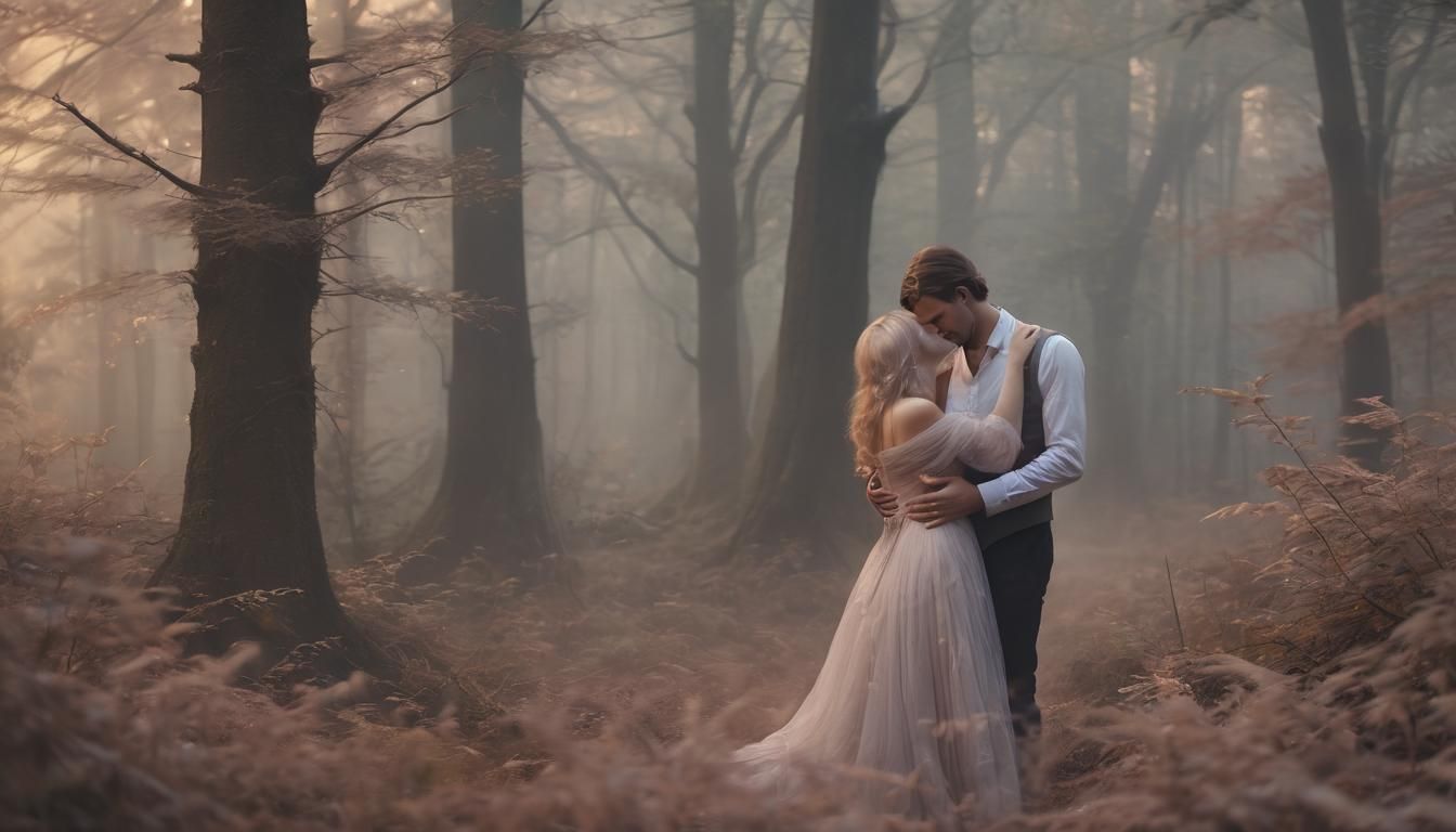 Surrealist Couple Embraces in Misty Forest at Dusk