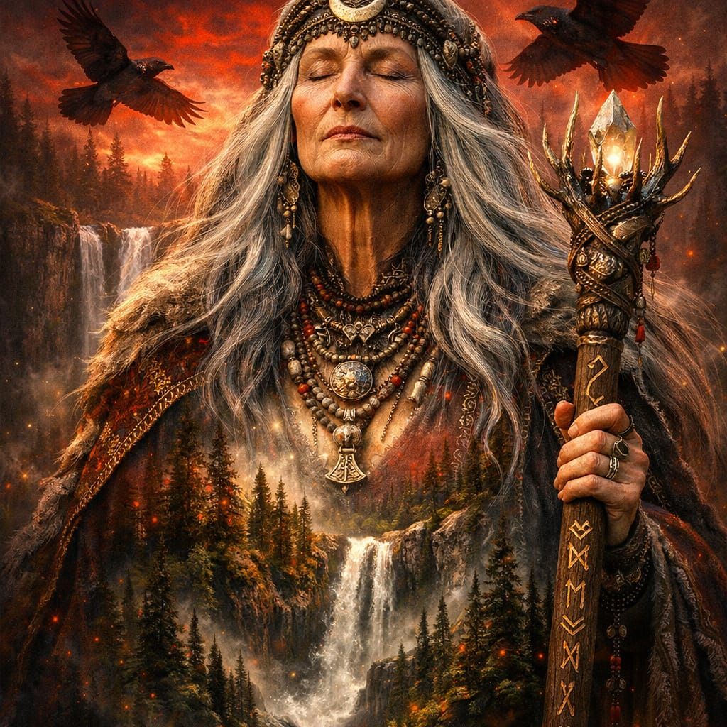 Völva's Prophecy: Forest, Ravens, and Misty Sunset