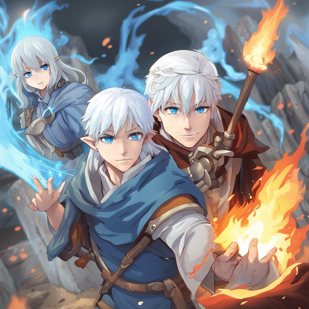 Half-Elf Wizard Casts Fire Spell in Anime Style