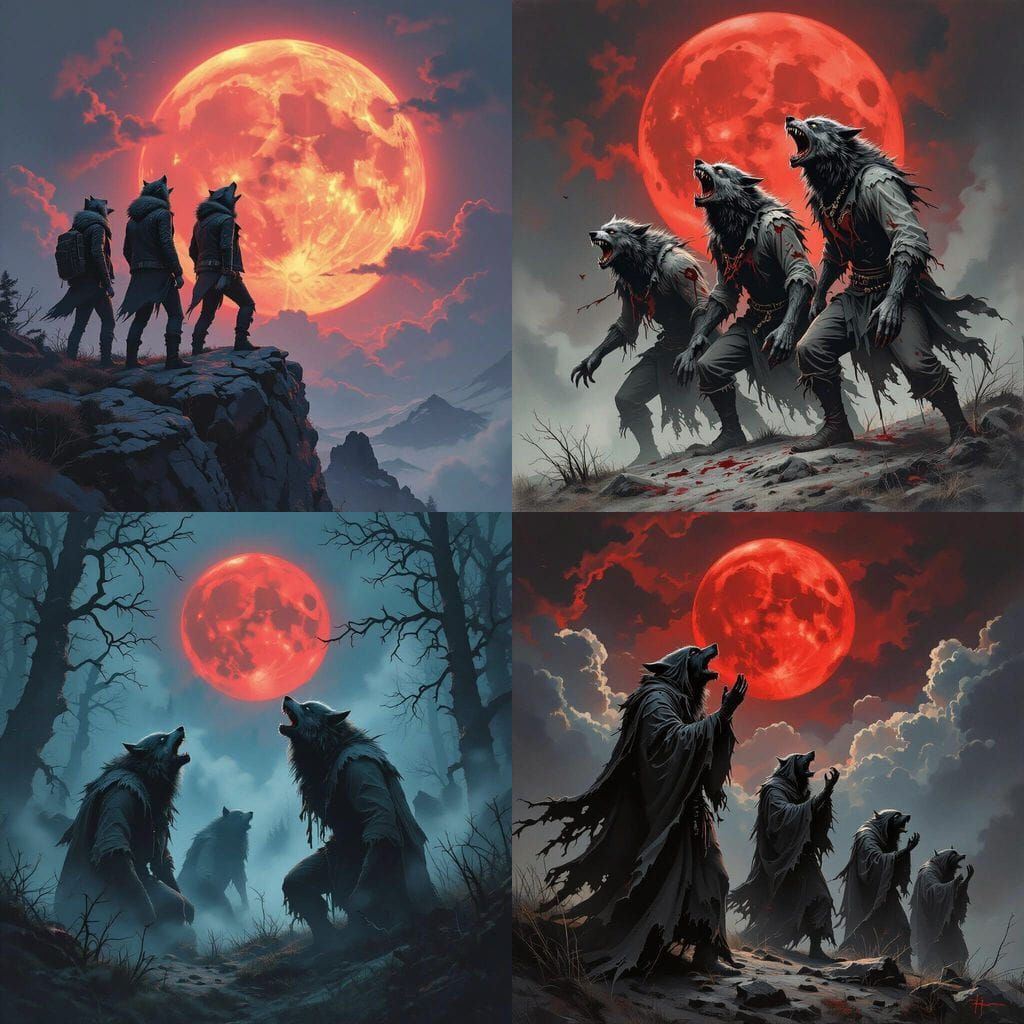Werewolves Howling at a Blood Moon