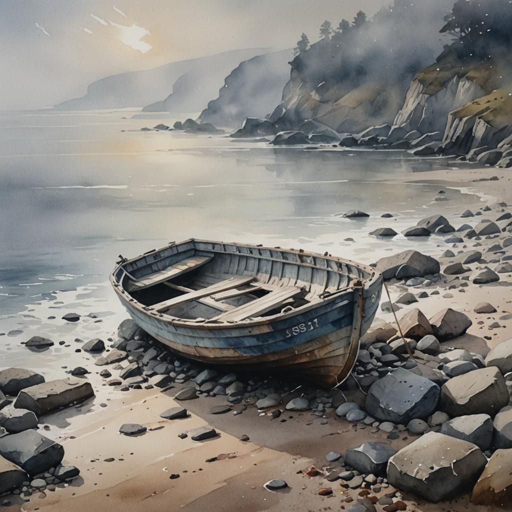 Worn Boat on Misty Shoreline in Watercolour