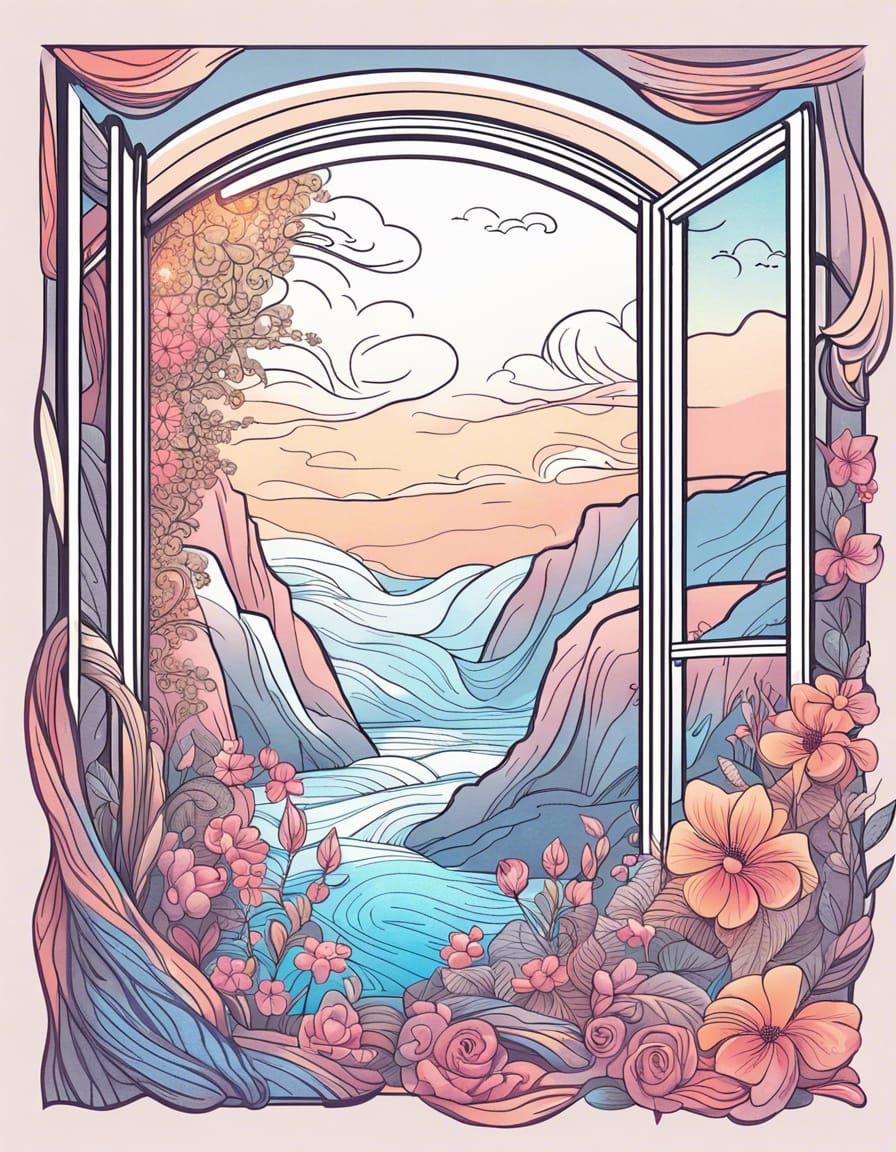 Dreamy Window Landscape in Line Art Style