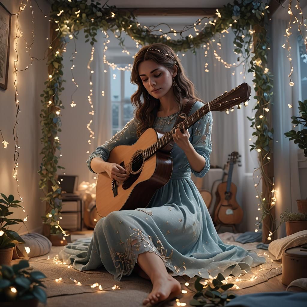Girl with Guitar in Aesthetic Bedroom, Matte Painting