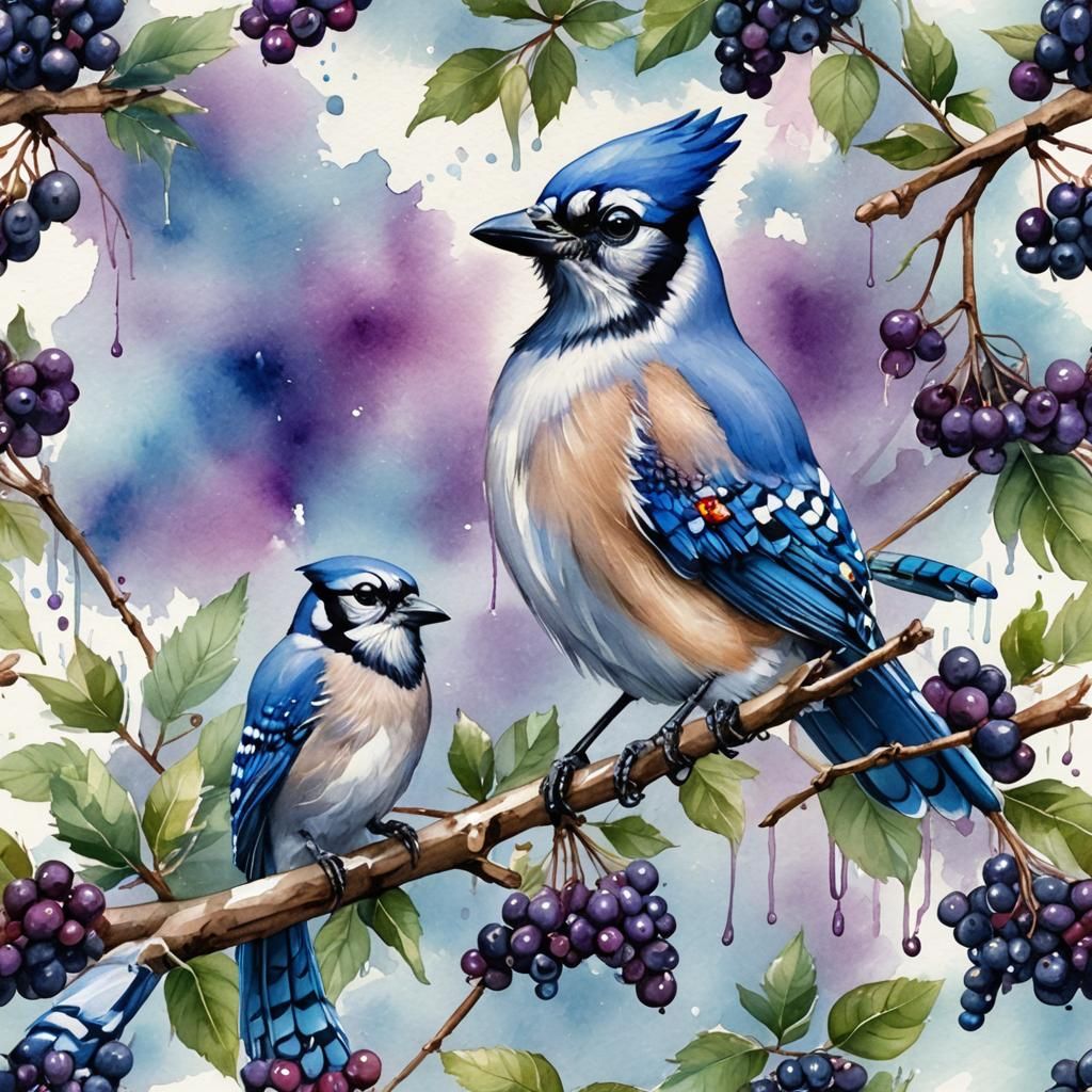 Blue Jay with Berries in Watercolor Style
