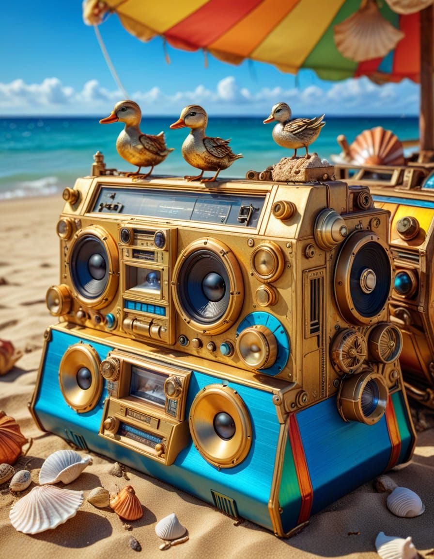 Steampunk Beach Vacation with Boombox in Silk Dress