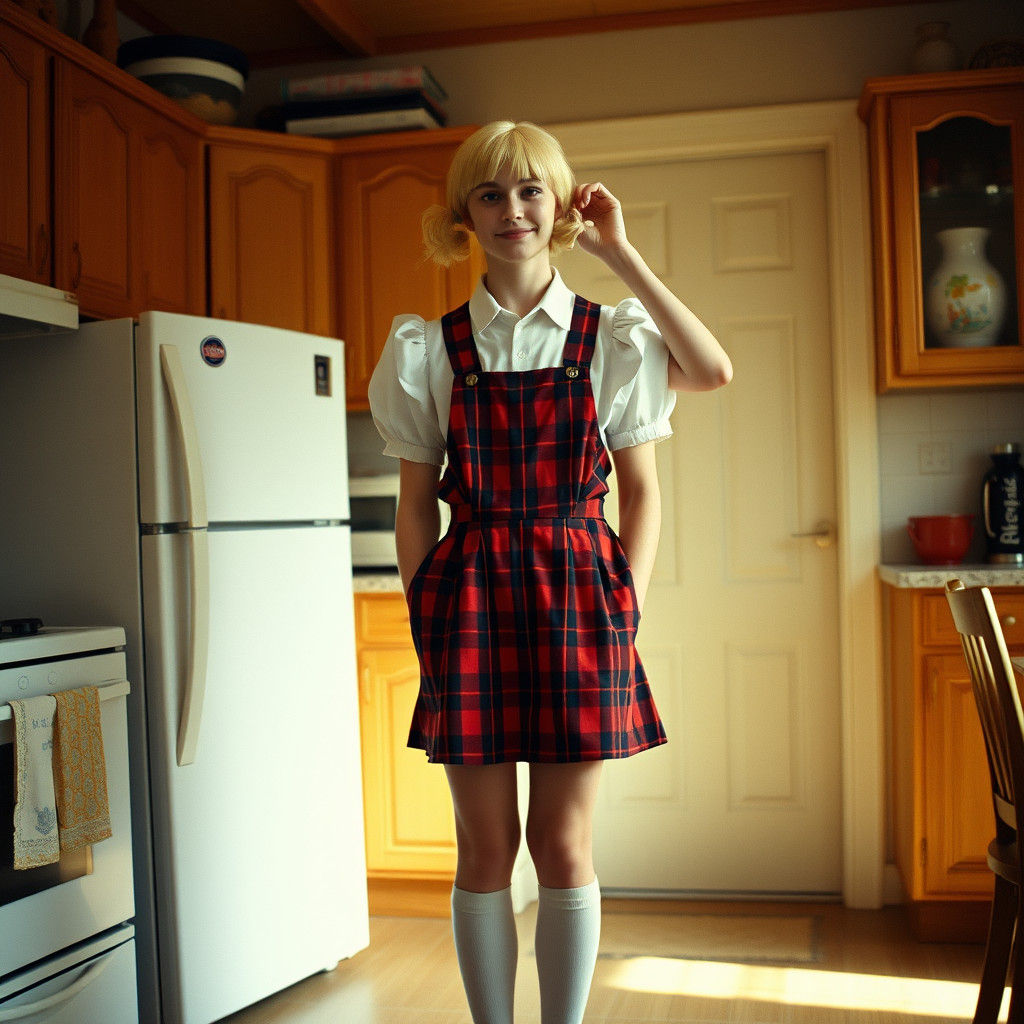 Elegant Young Man Crossdressing in Plaid Pinafore Dress, Ins...