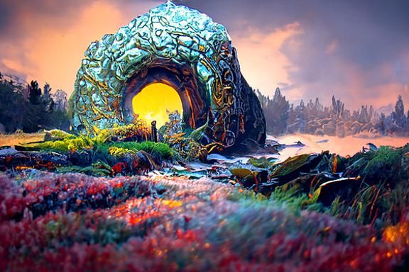 Mysterious Portal in Mossy Hillside, Romanticism Style