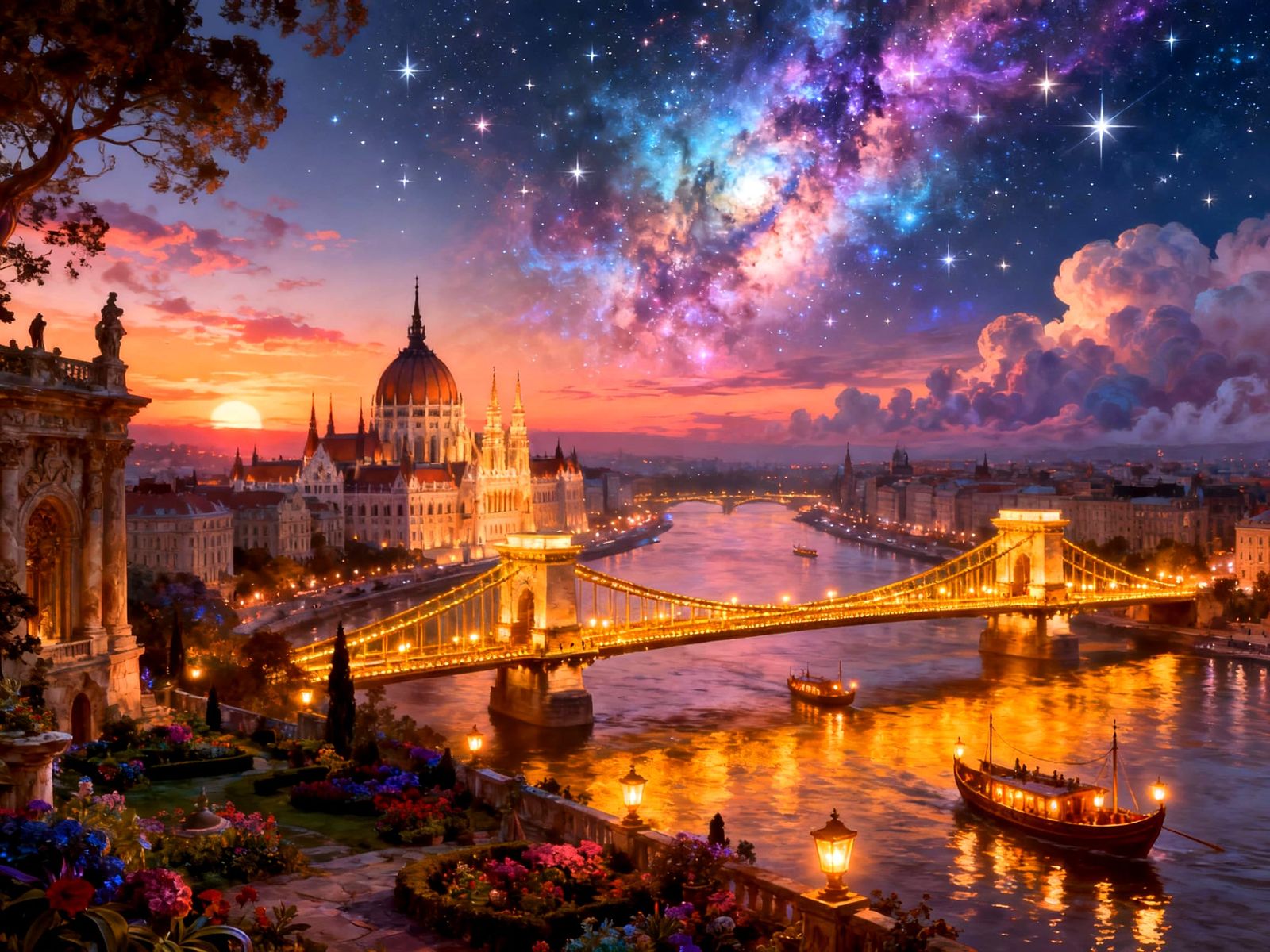 Fantasy Budapest at Sunset with Cosmic Sky