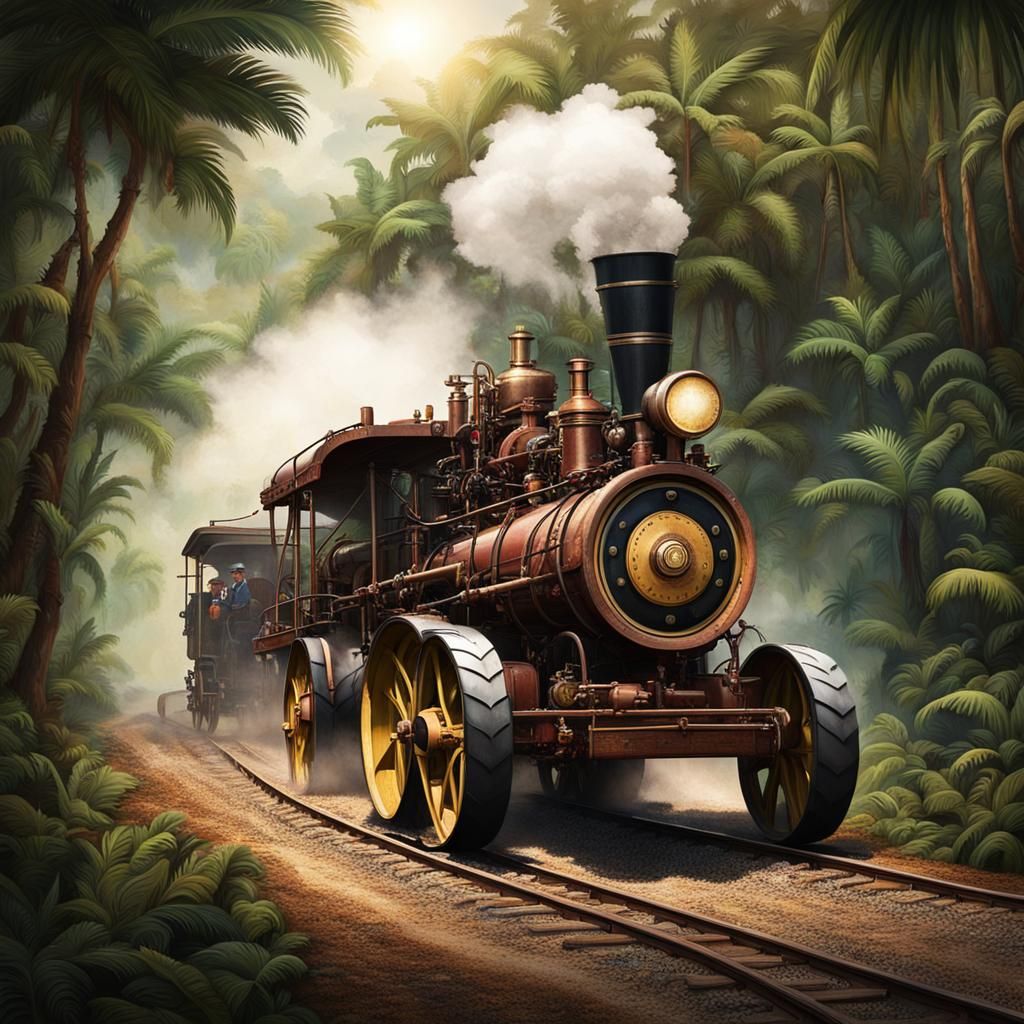 Steampunk Steam Tractor in Jungle Landscape