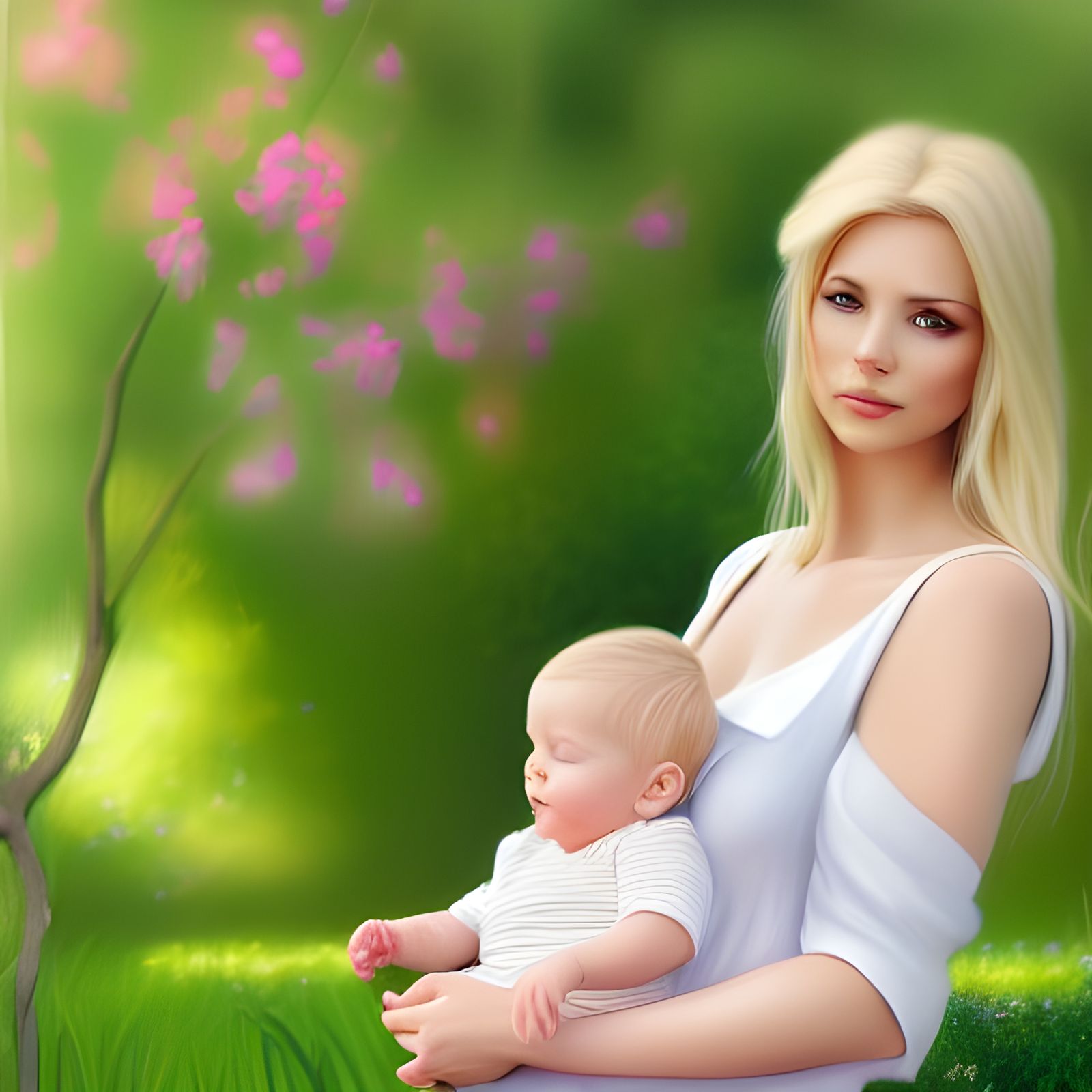 Radiant Mother and Child in Sunny Garden