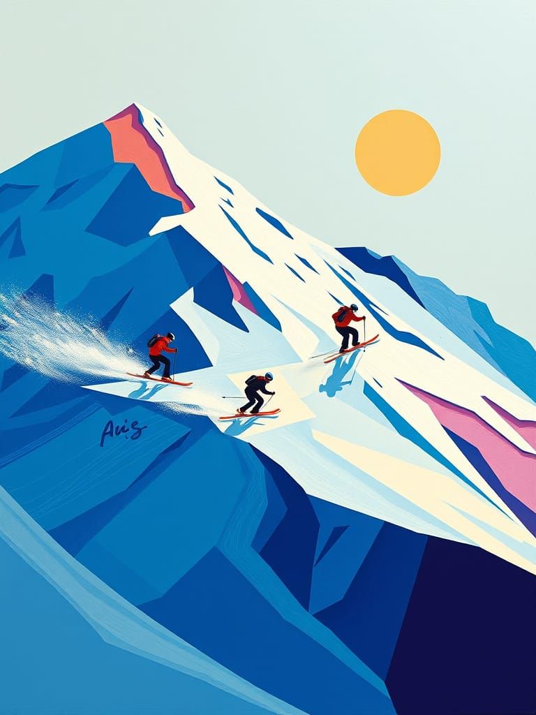 Skiers Ride Mountain: Abstract Oil Painting in Bauhaus Style
