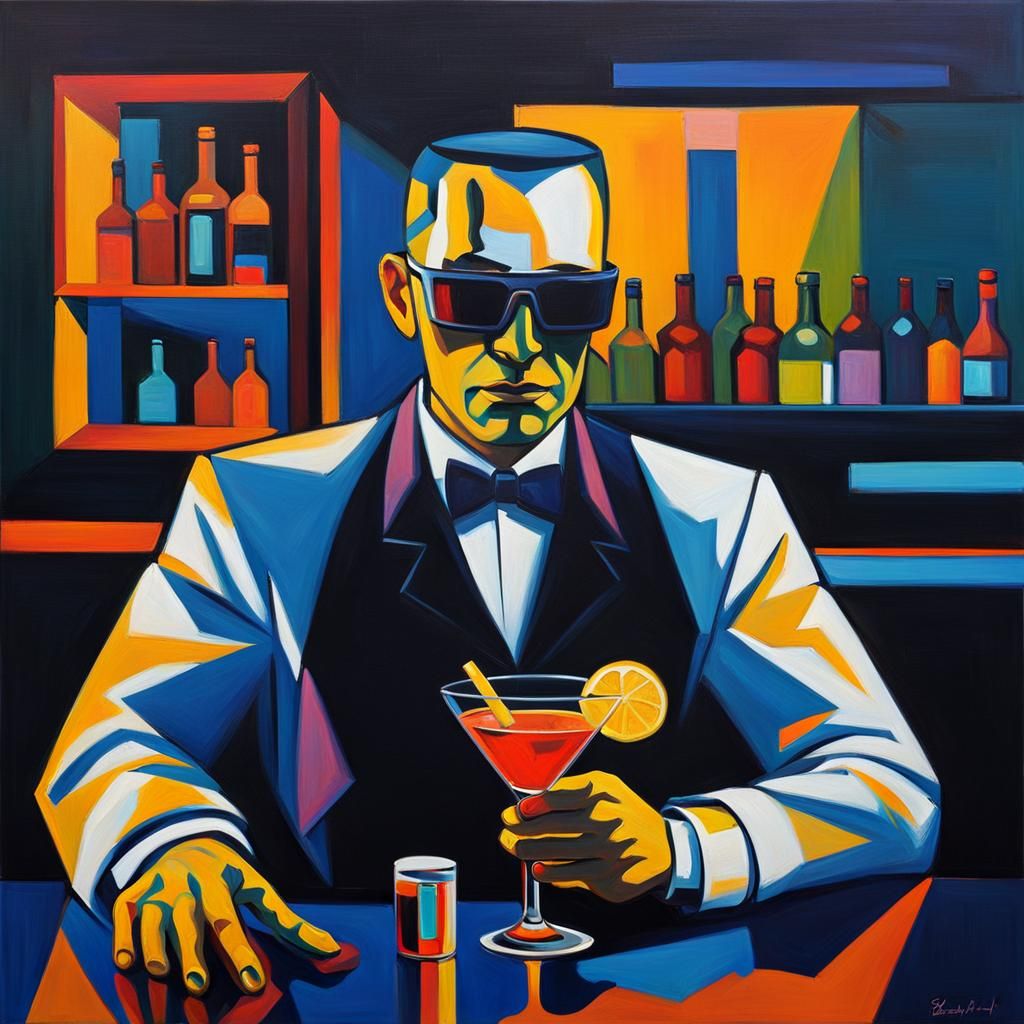 Cyborg Bartender: Minimalist Oil Painting in Fauvism Style