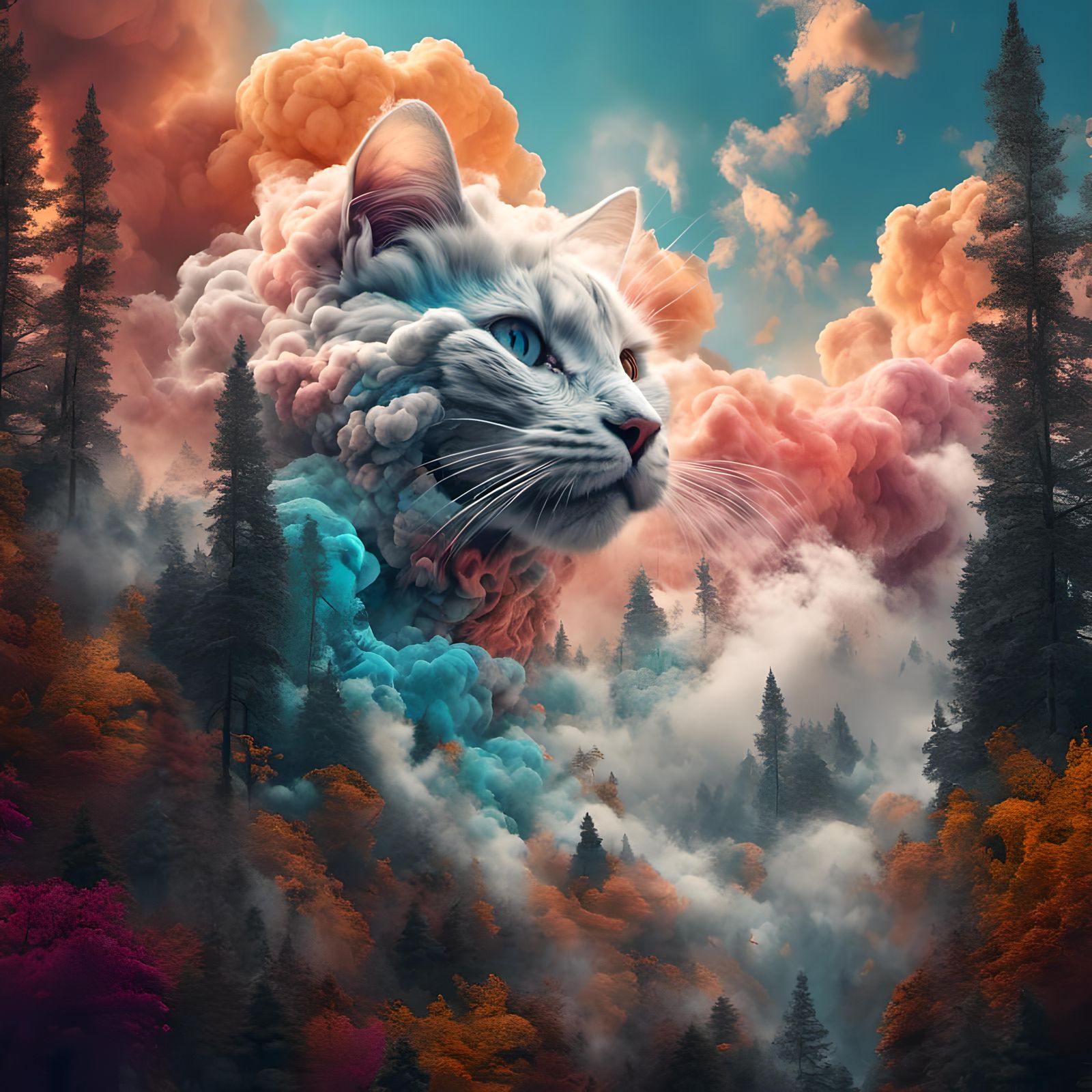 Hyperrealistic Cat Cloud over Forest