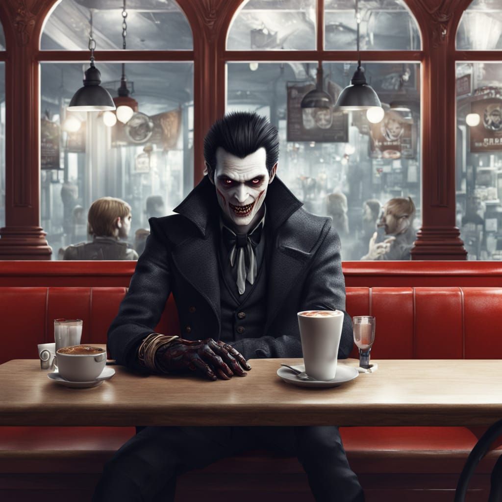 Ethereal Vampire Sips Coffee in a Whimsical Fantasy Cafe