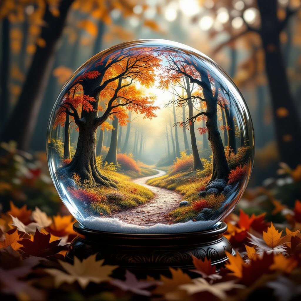 Magical Autumn Forest in Snow Globe, Hyperrealistic
