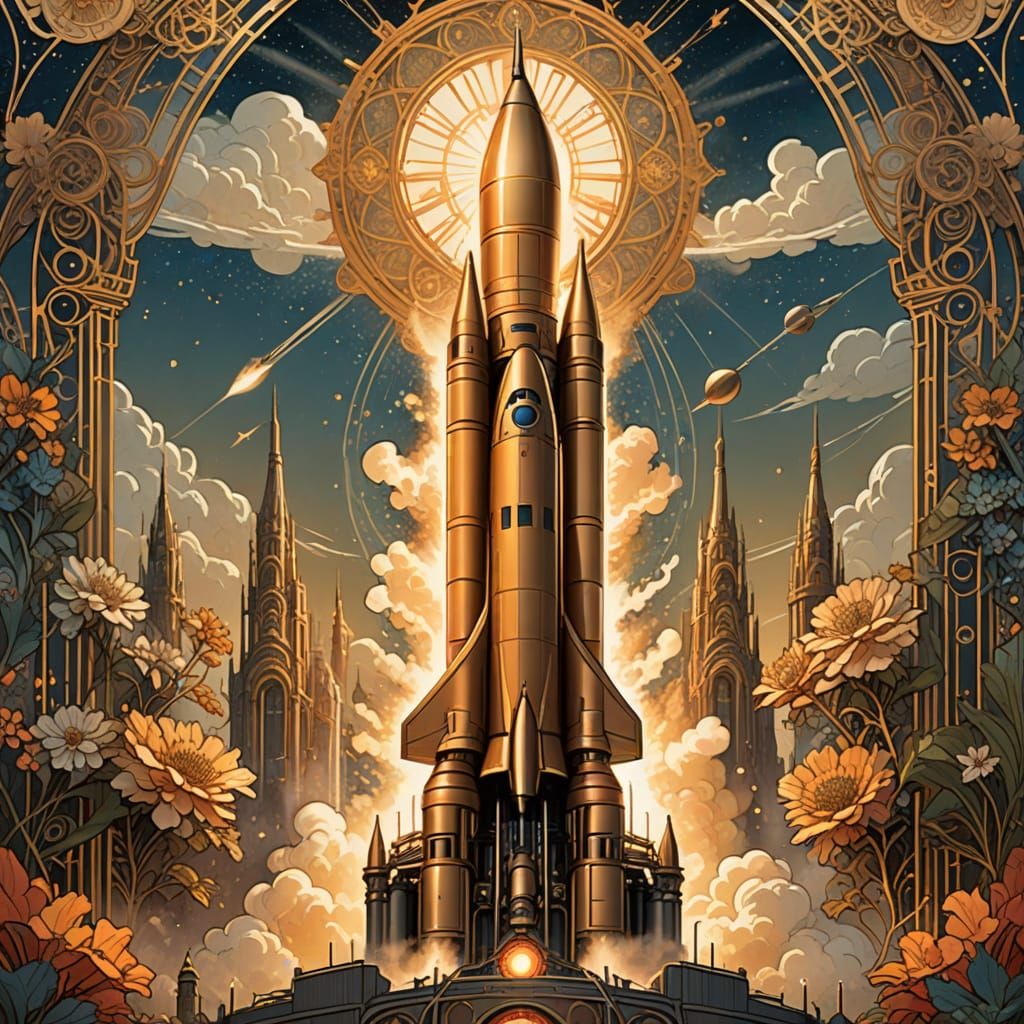 Rocket Launch in Art Nouveau Style