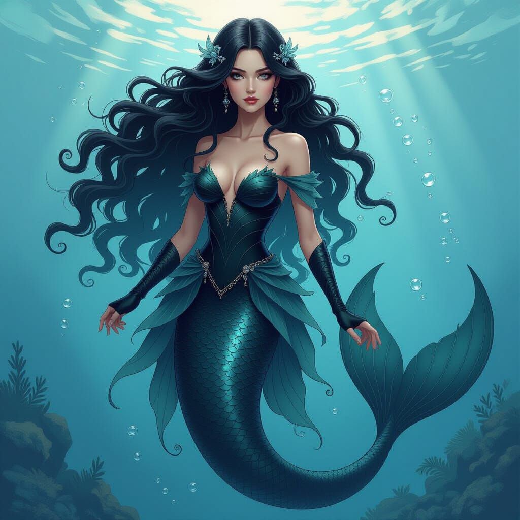 Majestic Black Mermaid in Dark Fantasy Style