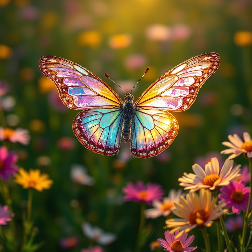 Crystal Winged Butterfly Soaring in Sunlight
