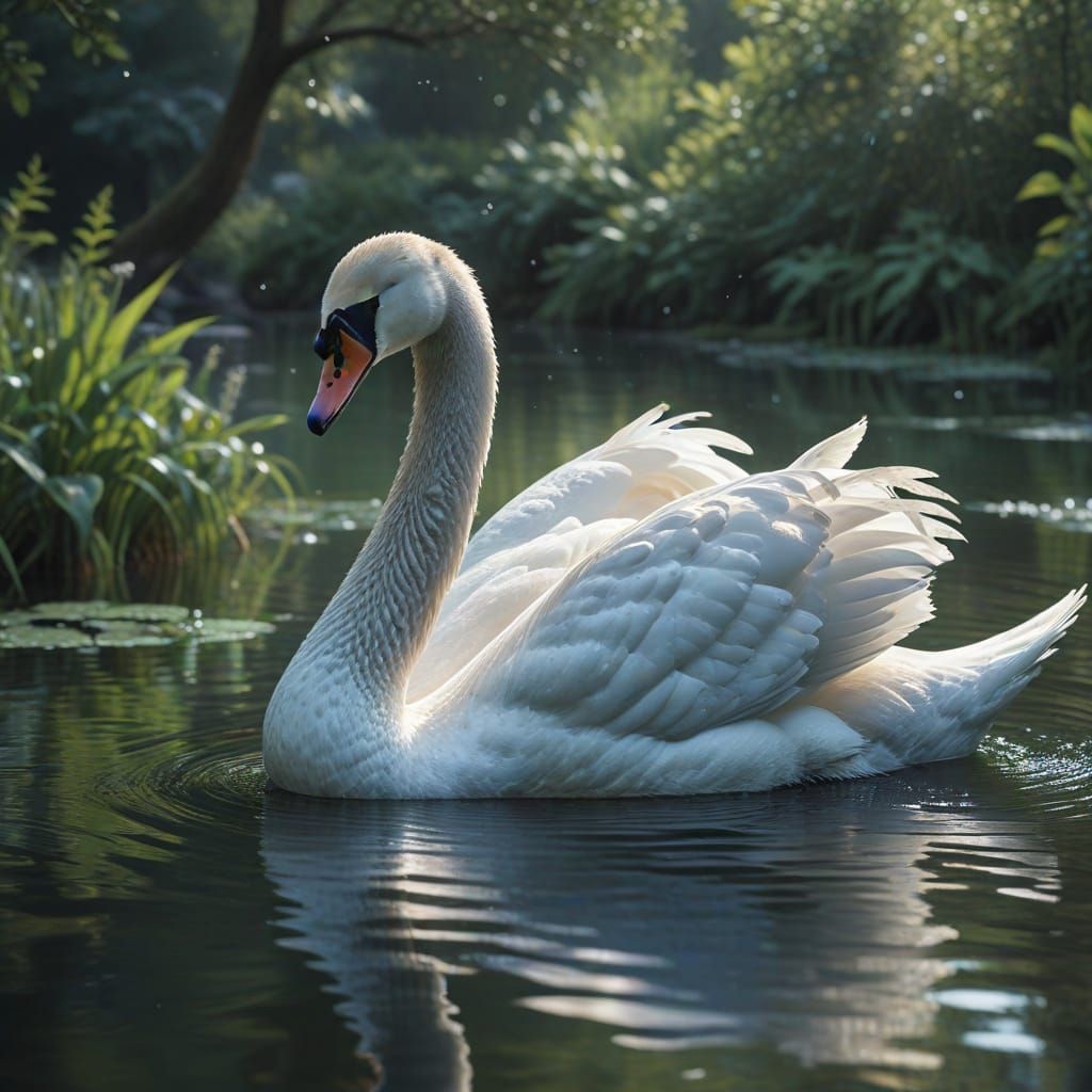 Water Swan Emerges from Serene Pond in Photorealistic Style