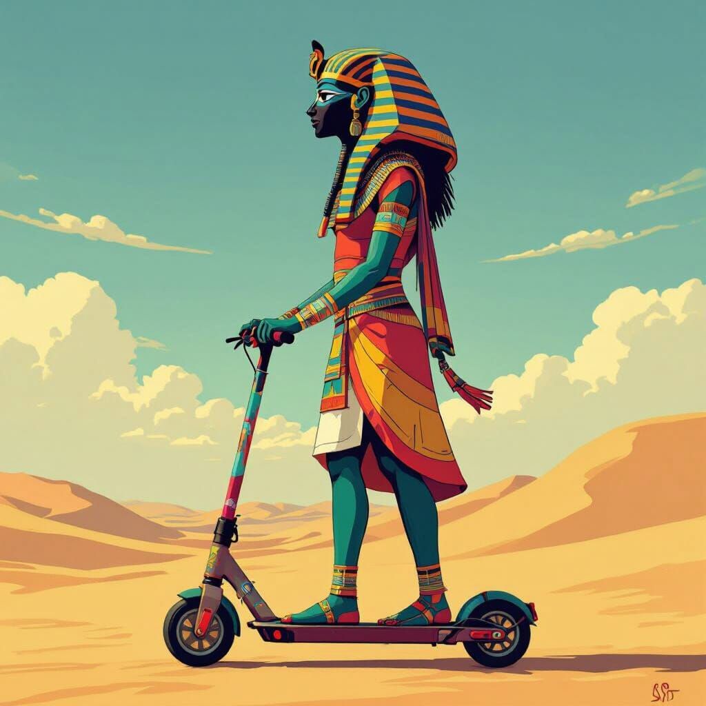 Egyptian Hieroglyph Rider on Scooter, Digital Art Style