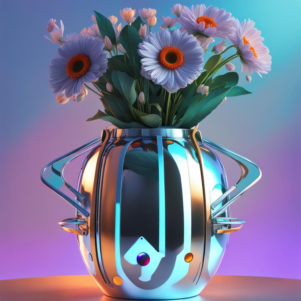 Cybernetic Flowers in Space Station, Hyperdetailed Digital A...