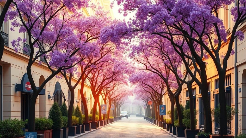 Parisian Street Scene with Jacaranda Trees