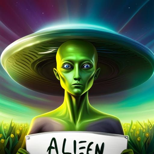 Hyperrealistic Alien with UFO in Splash Art Style