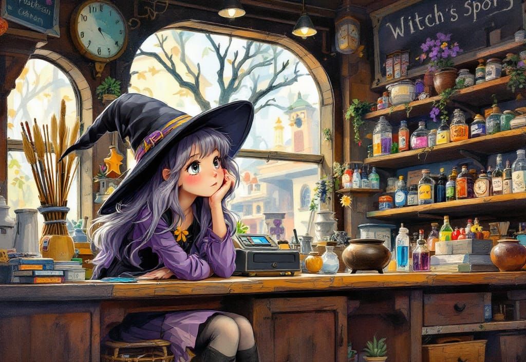 Ghibli Witch Bored at Store Counter