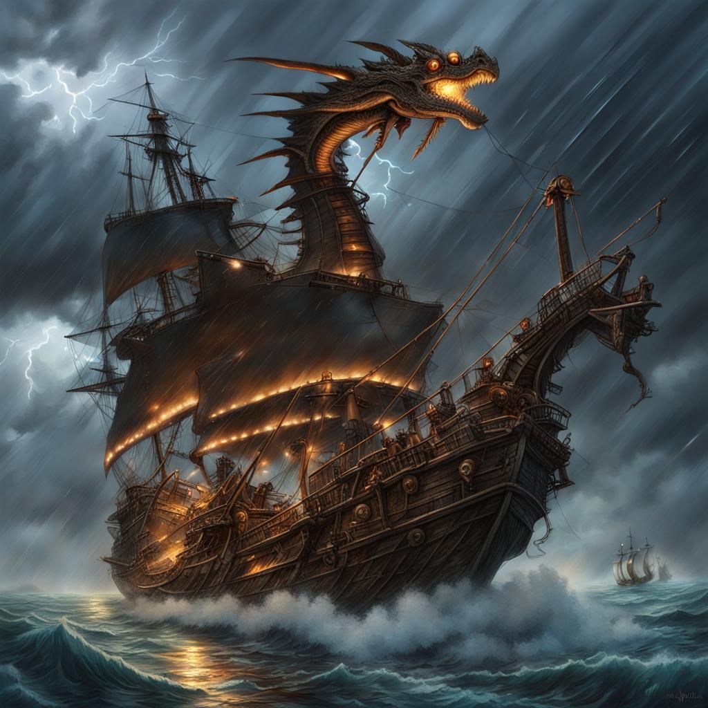 giant sea dragon ship on a storm