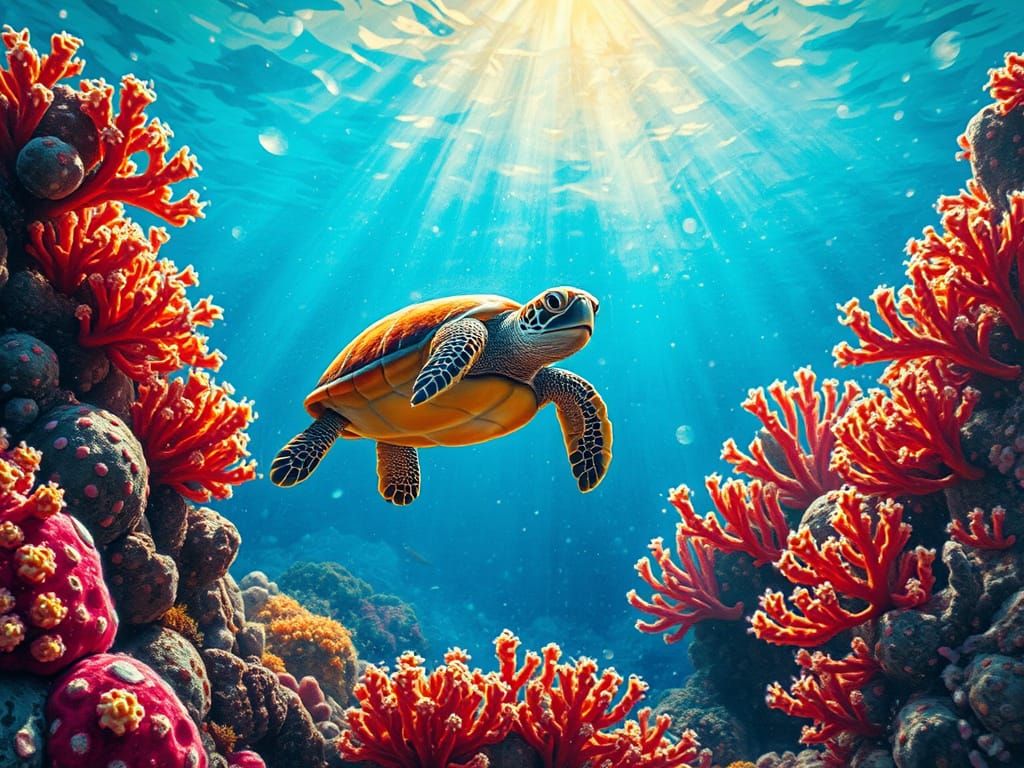 Sea Turtle Gliding Past Coral Reef as Oil Painting
