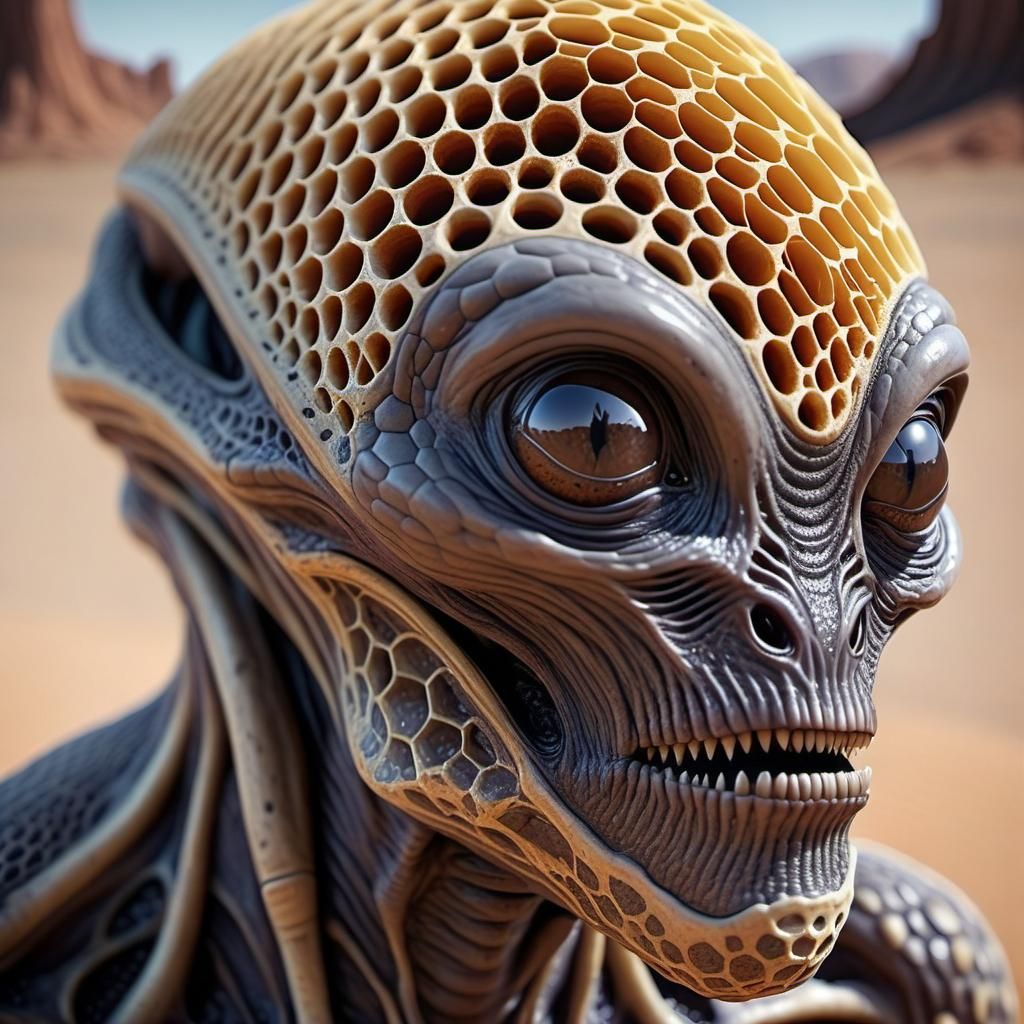 Hyperrealistic Alien Creature with Honeycomb Skin