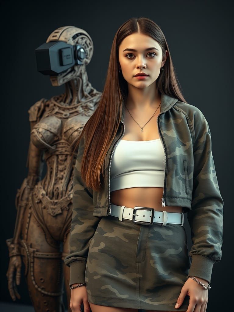 Cyborg Sculpture Beside Camouflage-Clad Woman in Cyberpunk S...