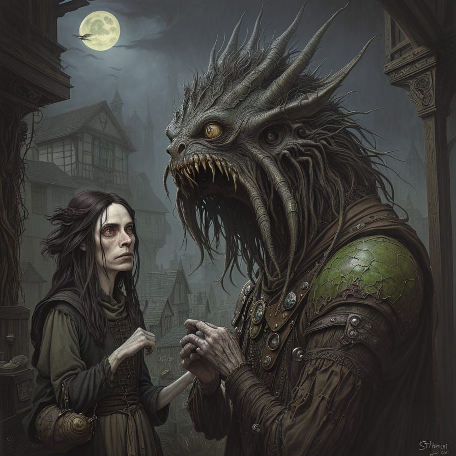 Whimsical Eerie Creature Enters Village Shop in Fantasy Art ...