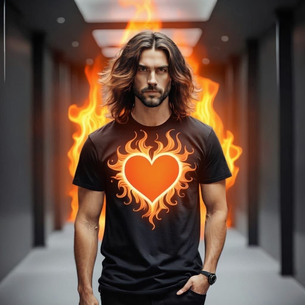 Handsome Man with Wild Hair and Fiery T-Shirt
