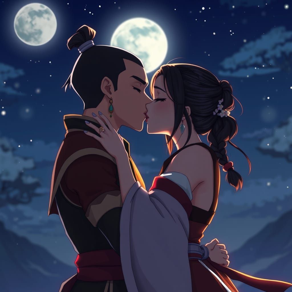 Sokka and Suki in a Tender Moonlit Embrace